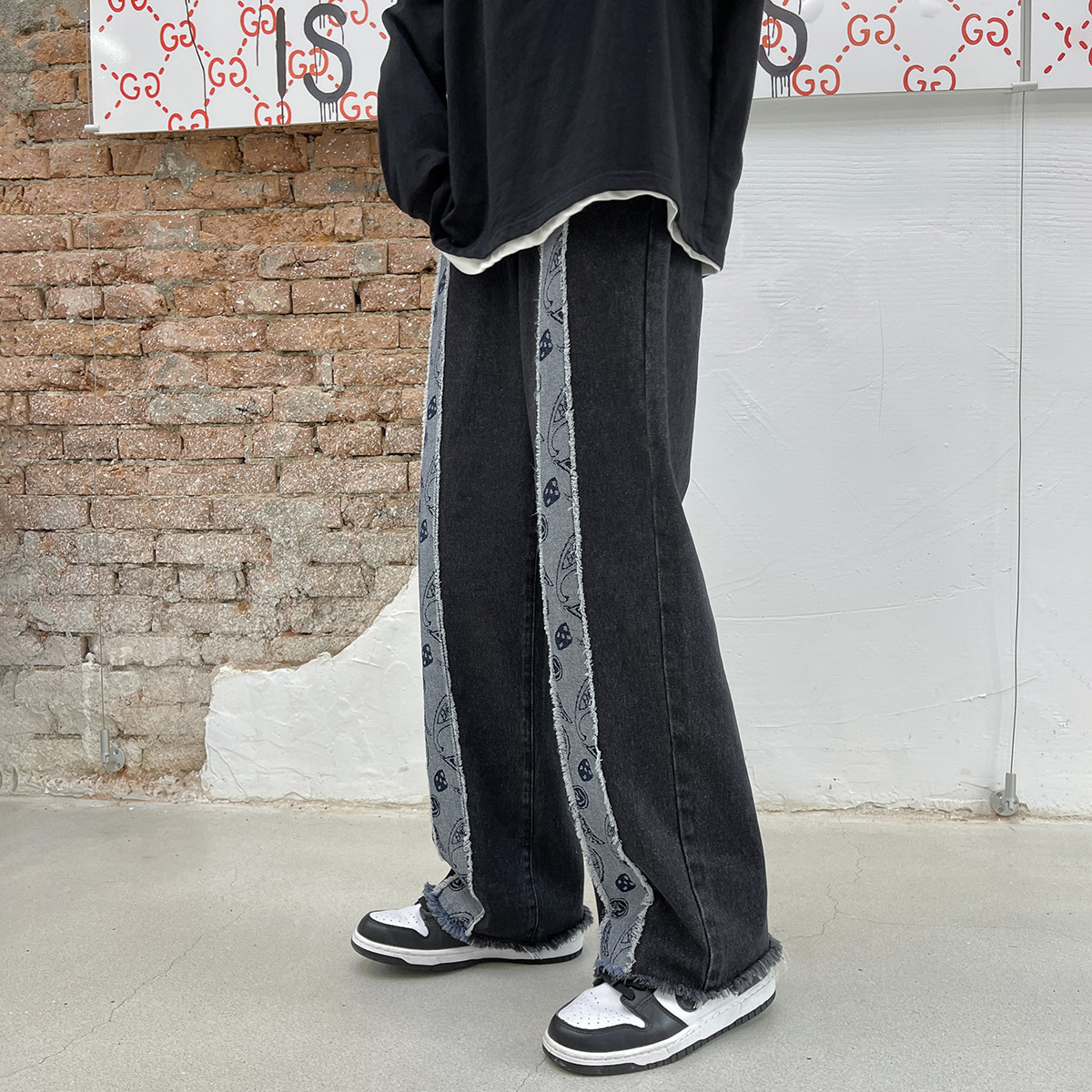 CNLONGBIDA Men's Jeans Denim Men's Contrasting Washed Loose Straight Leg Cashew Flower Color Blocked Denim Pants Trendy