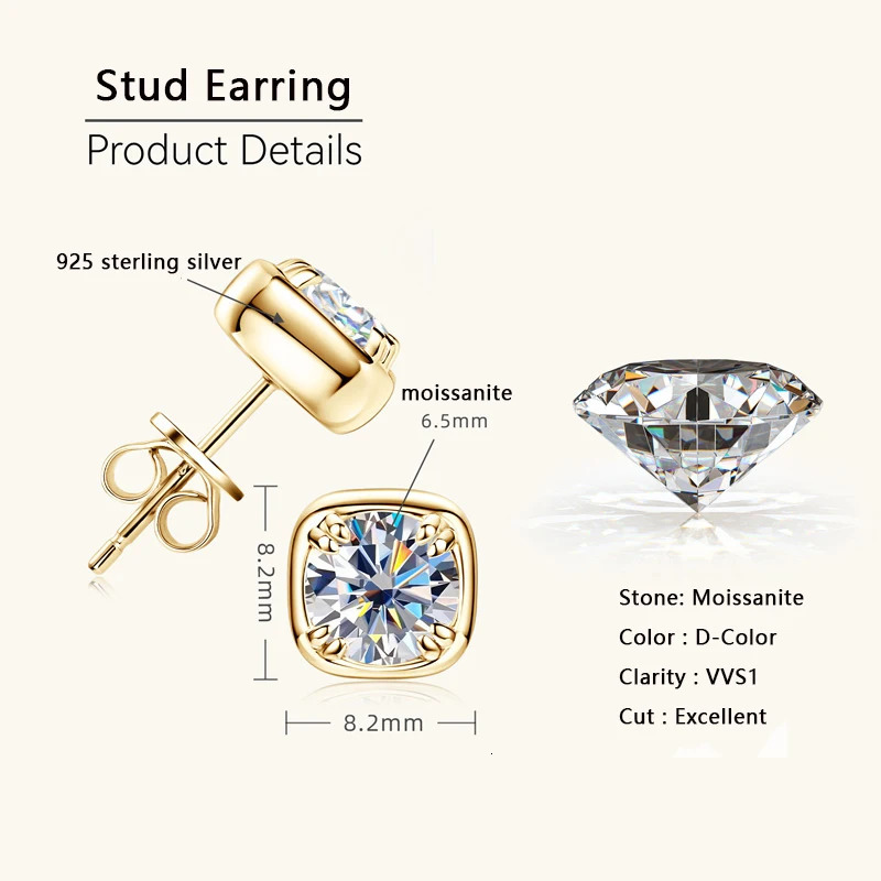 Lnngy Sparkling 6.5MM 1CT Earrings For Women Certified 925 Sterling Silver Square Shape Stud Earring 2024 Jewelry 250420