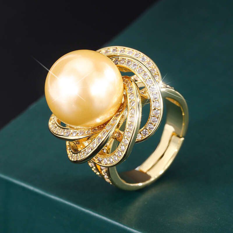 Huabi Jewelry Copper Plated True Gold With Mother Of Pearl, Lace Style, Charm, Dia Inlaid Ring, Female 14Mm