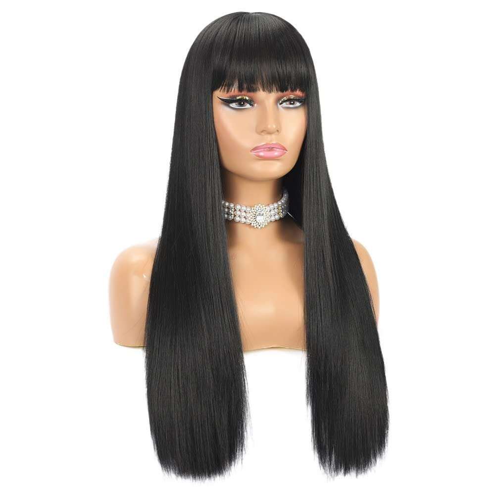 Long Straight with Bangs Natural Black for Women Fashion Silky Soft Smooth Remy Hair Heat Resistant Fiber Synthetic Wigs hine Made Glueless Full 24 In