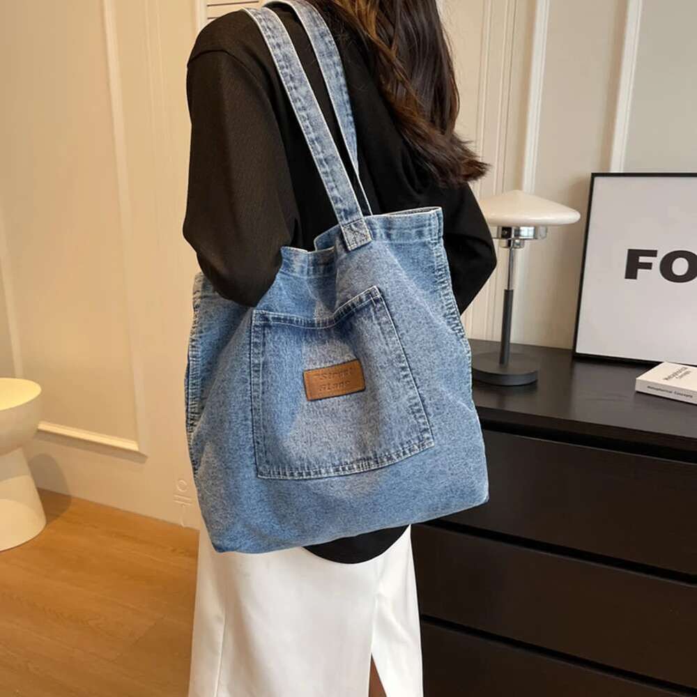 Women Shoulder Large Capacity Denim Tote Solid Color Clutch Simple Female Commuter Handbag Crossbody Bag