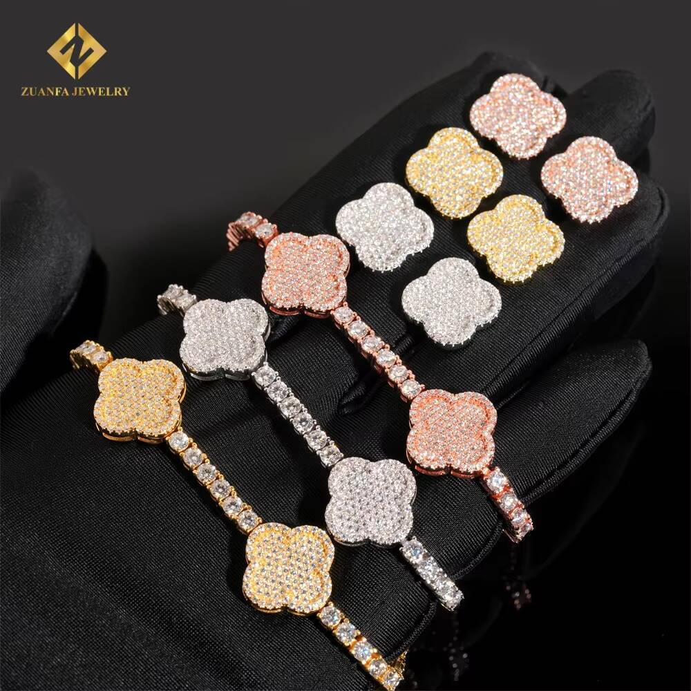 Vintage Bracelet Four Leaf Design Women Jewelry Iced Out S925 Silver 4mm VVS Moissanite Diamond Tennis BraceletEarrings Set
