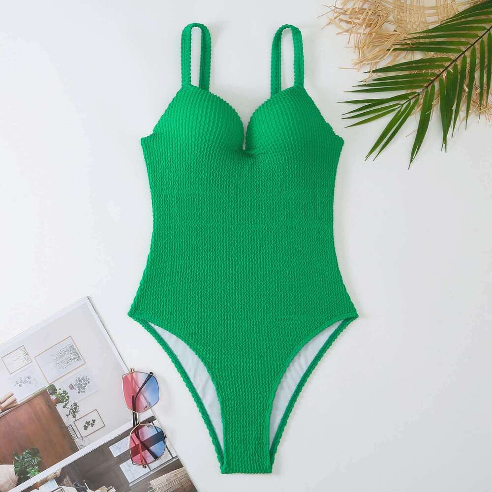 New Russian style popular one-piece European and American fashionable sexy women's small pit stripe solid color hard pack swimsuit, 2025 new casu
