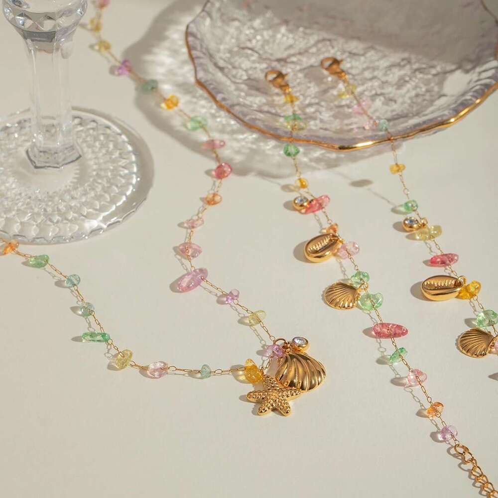 Gold Plated Stainless Steel Colored Crushed Stone Shell Starfish Rhinestone Necklace Anklet Bracelet Chain Beach Jewelry Set