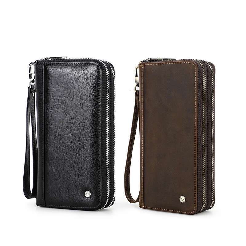 Contact's Genuine Leather Men's Wallet Clutch Bag Card Holder Long Wallets Double Zipper Large Capacity Vintage Male Purses