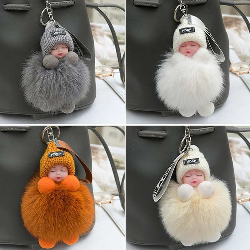 Pompom Sleeping Baby Keychain Cute Fluffy Plush Doll Keyholder Women Girl Bags Keyrings Cars Key Ring Gift Charming Decoration
