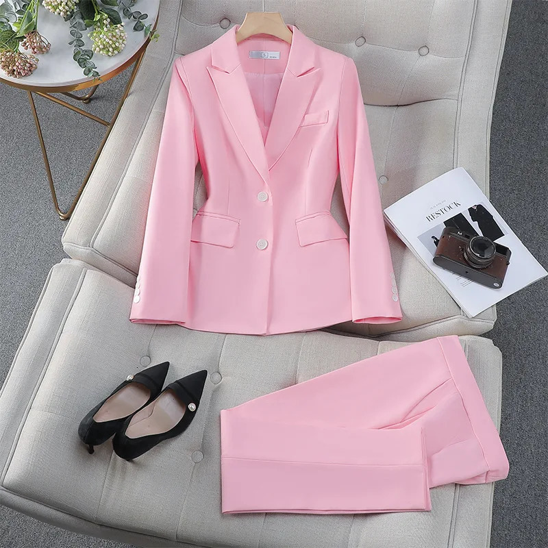 Pink womens suit jacket casual office pants set single chest 2piece graduation wedding dress 250530