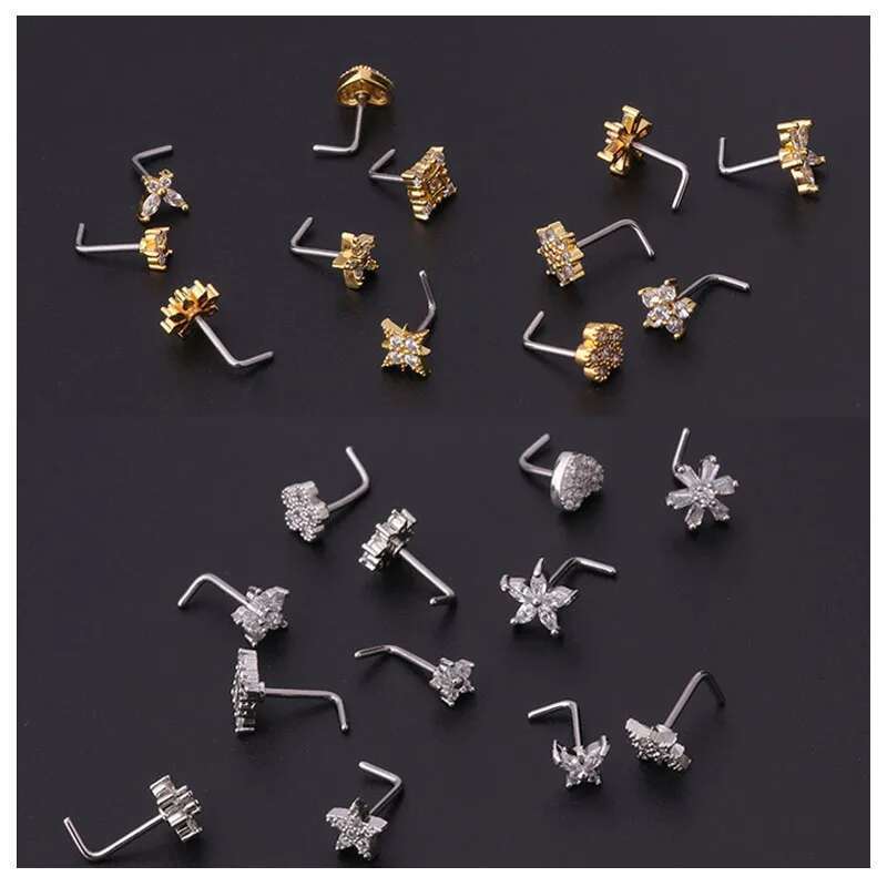 Stainless Steel Small Rings Zircon Flower Heart Nose Stud 20G Body Piercing Jewelry For Women Men Gift
