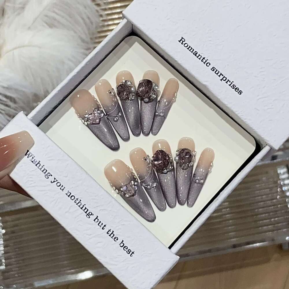 10Pcs French Cat Eye Al Handmade Press False Nail Fake with Rhinestone Design Wearable Stick-on Nails