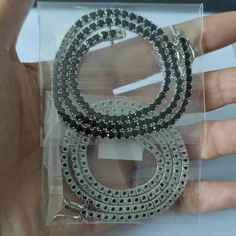 Fashion Black Moissanite Chain S925 Silver 3-4mm Iced Out Moissanite Tennis Chain Tennis Bracelet
