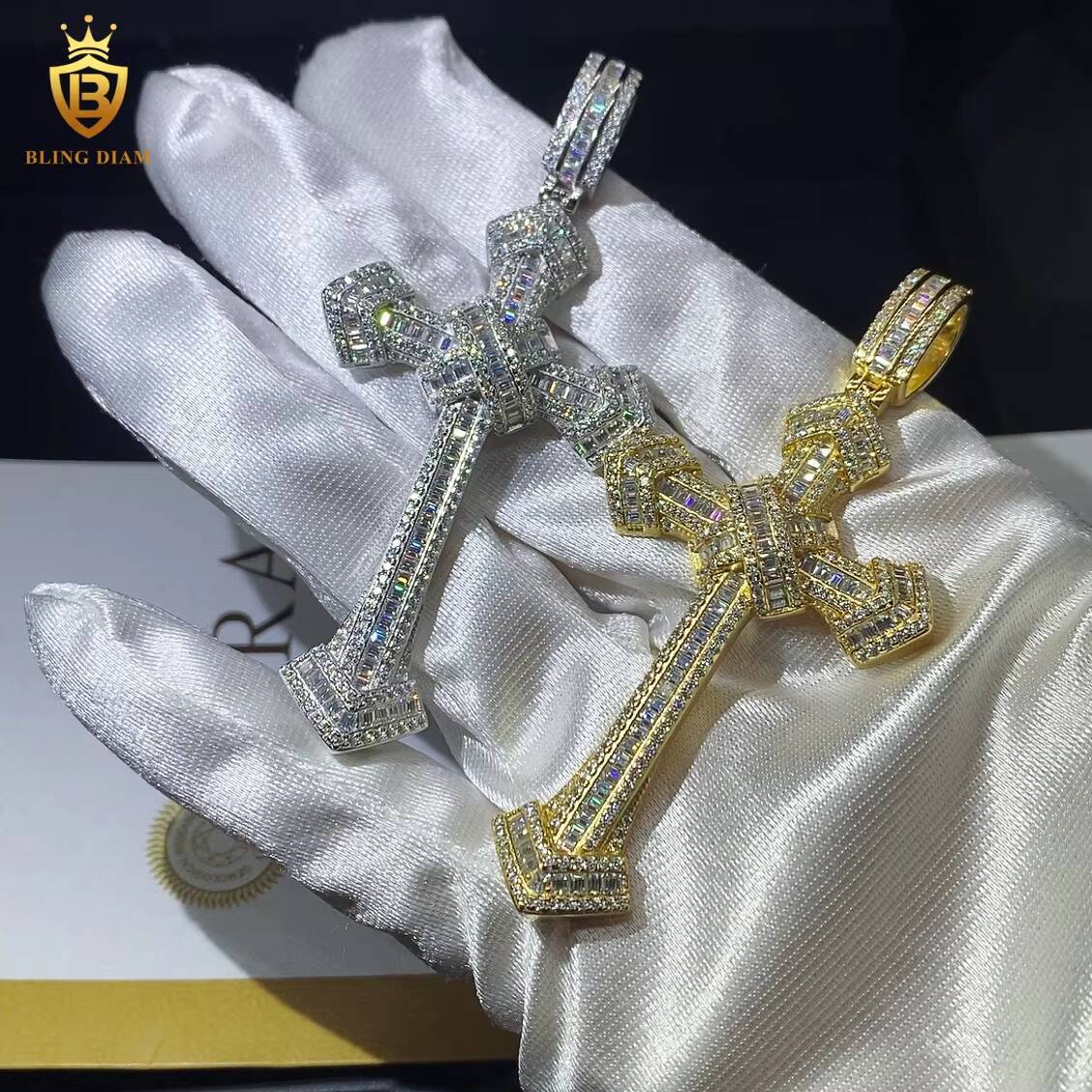 925 Silver Iced Out Cross Pendant Charms Baguette Cut Moissanite D VVS Fine Pendant Necklaces Men Pass Diamond Tester GRA