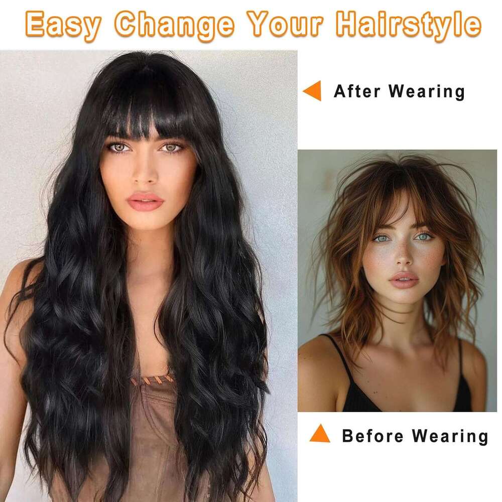 Vomella Black With Bangs 26 Inch Long Curly Wavy Wig Women Natural Looking Synthetic Heat Resistant Wigs for Daily Party Use