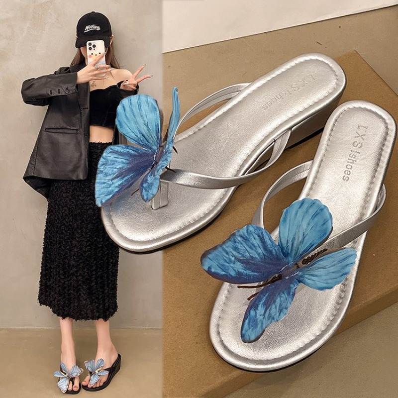 Summer New Three-dimensional Bow Flat Bottom Slope Heel Flip-flops Women's Fashion Beach Vacation Sandals