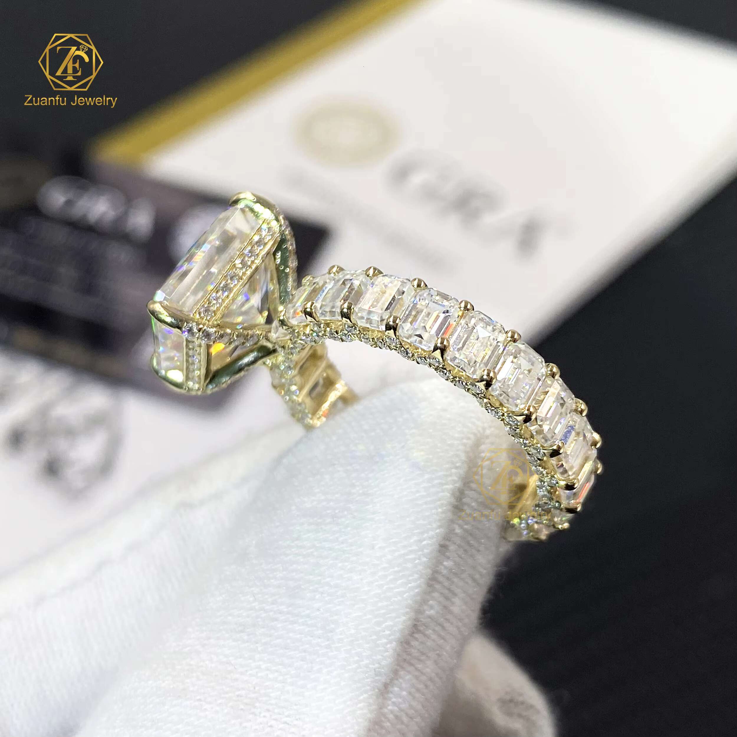 Custom Jewelry 14k Yellow Gold Plated Emerald Shape Crushed Ice Cut Moissanite Engagement Wedding Ring Set Couple Rings