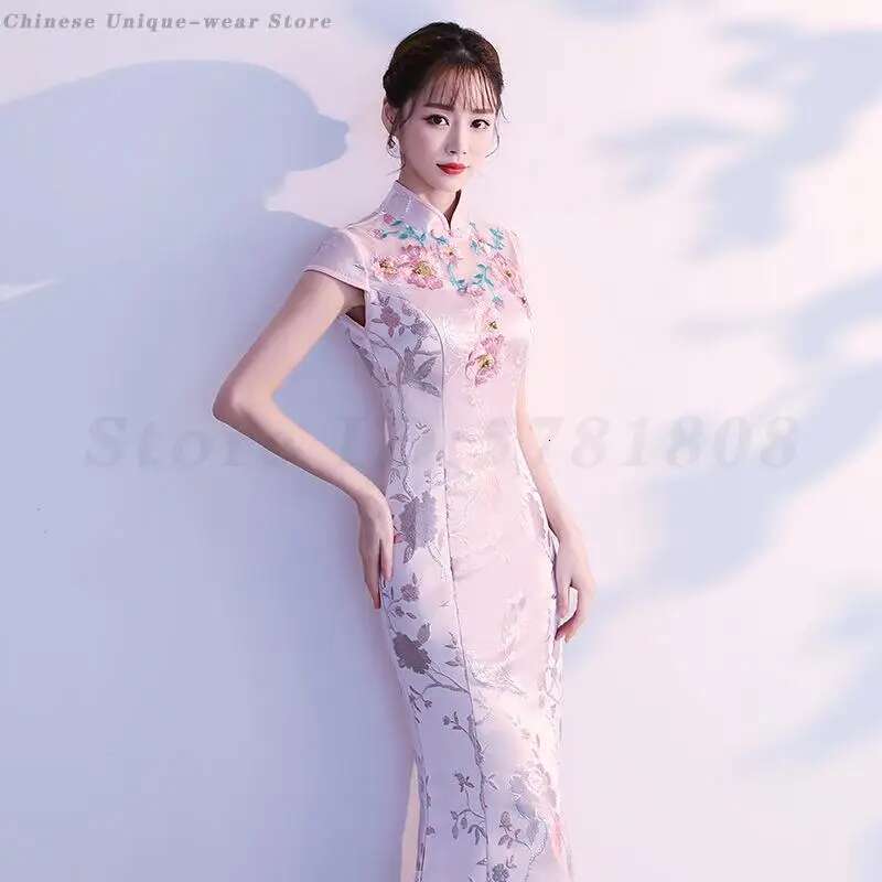 Elegant Women Mermaid Slim Qipao Pink Embroidered Cheongsam Full Length Vestidos Female Evening Party Chinese Dress Size Xs-3Xl