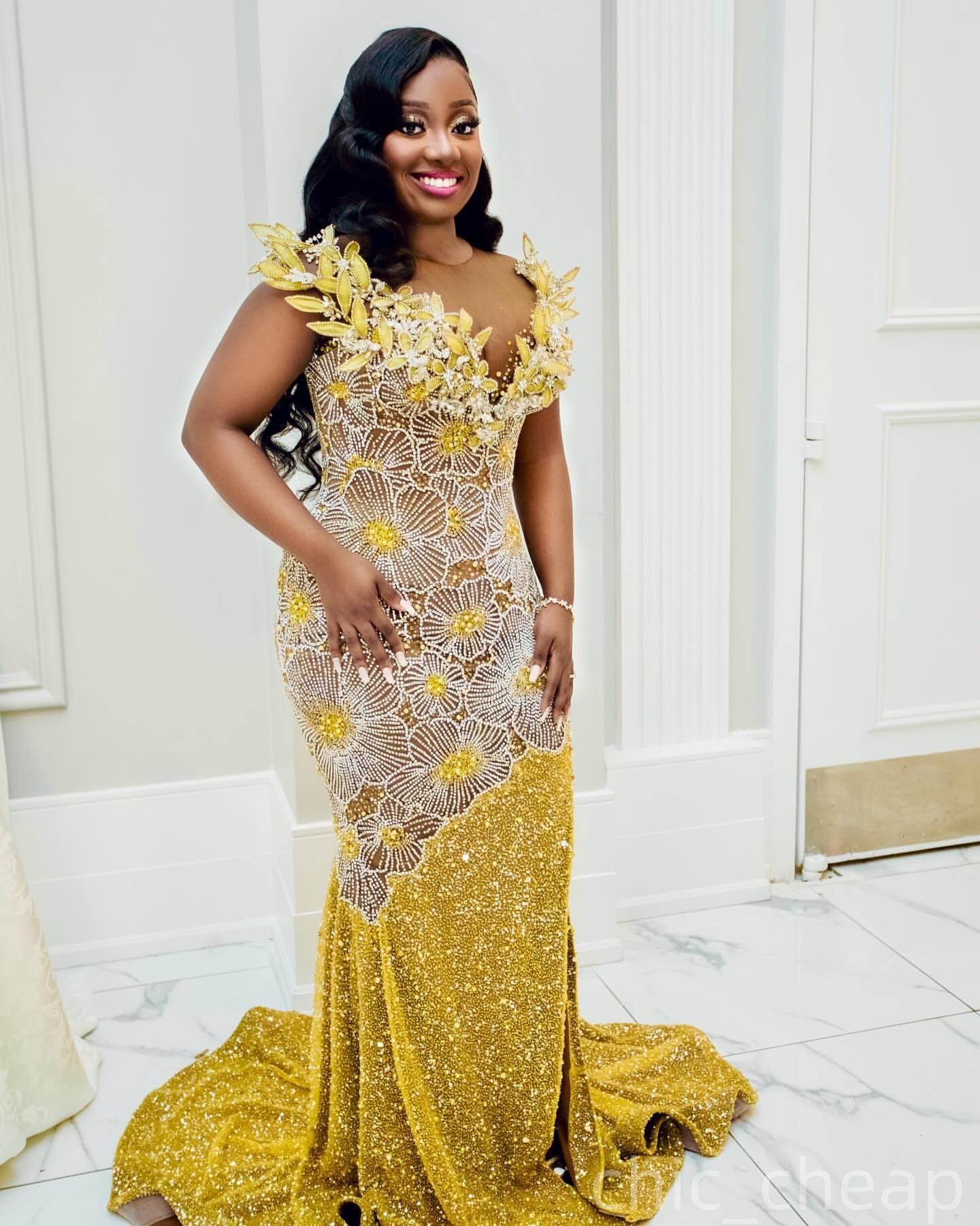 Mermaid Yellow Plus Size Prom Dresses 2025 Florals Crystals Illusion Sequined Evening Formal Party Second Birthday Engagement Gowns Dress For Special 