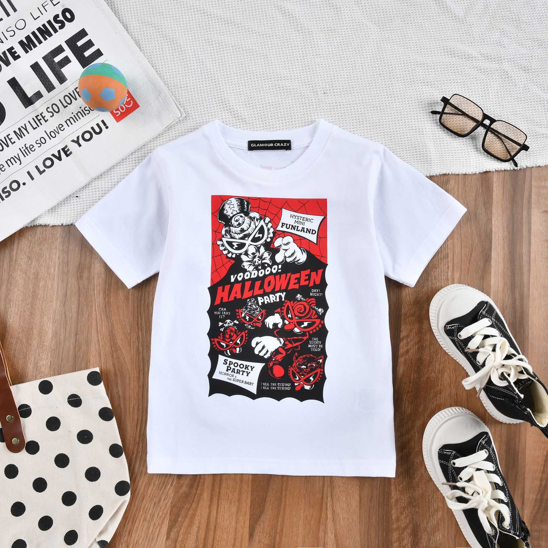 Black Super Vintage Boys and Girls Cartoon Trendy Tshirt with Pull Out Printing and Washing Japanese Style Childrens Clothing High Quality Top for Chi