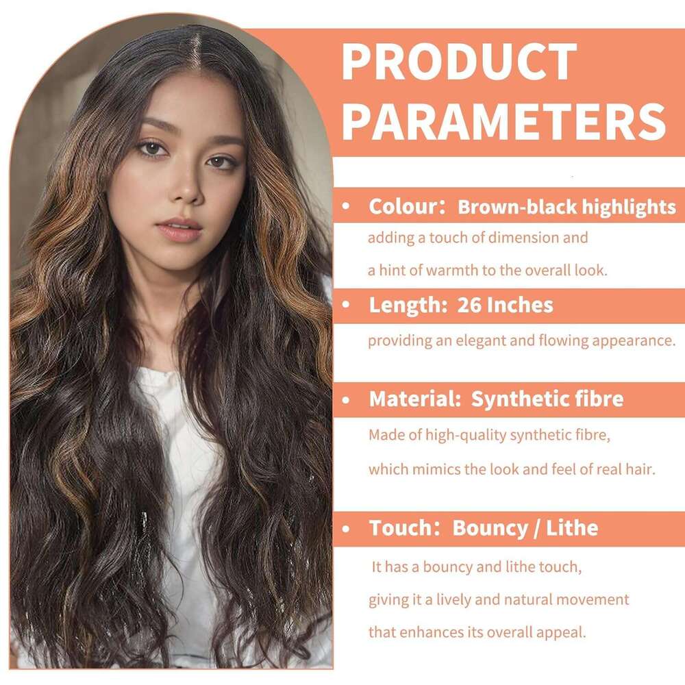 Seykiki Synthetic Front Wigs for Women Highlight Brown Mix Black Natural Wavy Glueless Ready to Wear 13x4x1 HD Lace Pre Plucked Middle Part Wig 26 Inc