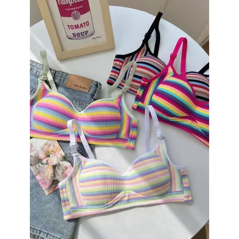 Dopamine Girl Rainbow Stripe Colorful Small Chest Stainless Steel Ring Underwear Back Bra High Impact Sports Plus Size 250430
