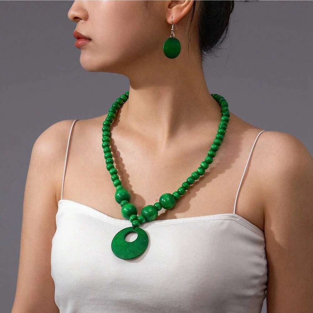 New Fashion Jewelry Set Bohemian Geometric Round Wooden Bead Pendant Necklace And Earrings For Women Vacation Accessories