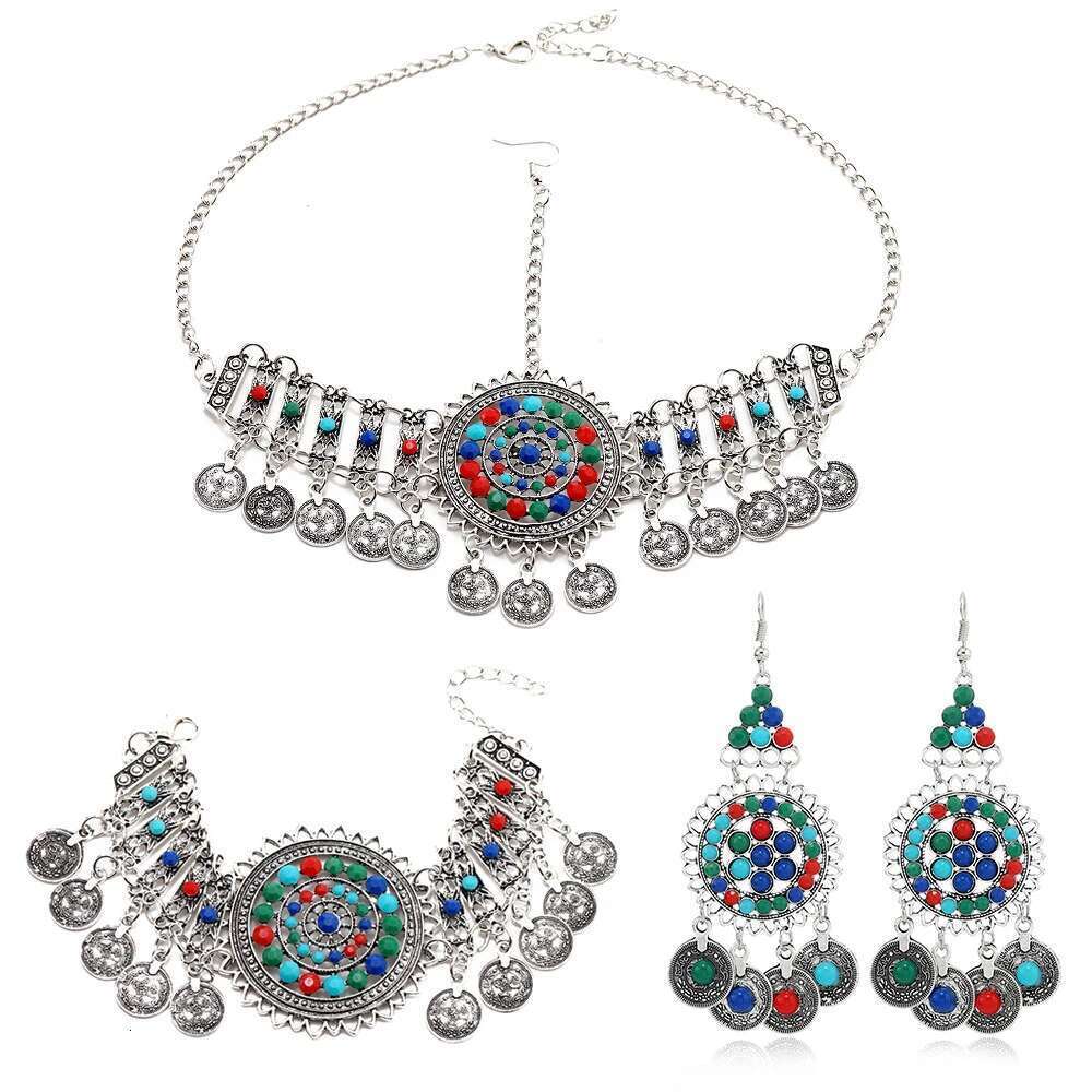 Vintage Afghan Gypsy Coin Headband Bracelet Earrings Sets Boho Colorful Rhinestone Round Hollowed Flower Turkish Female Jewelry