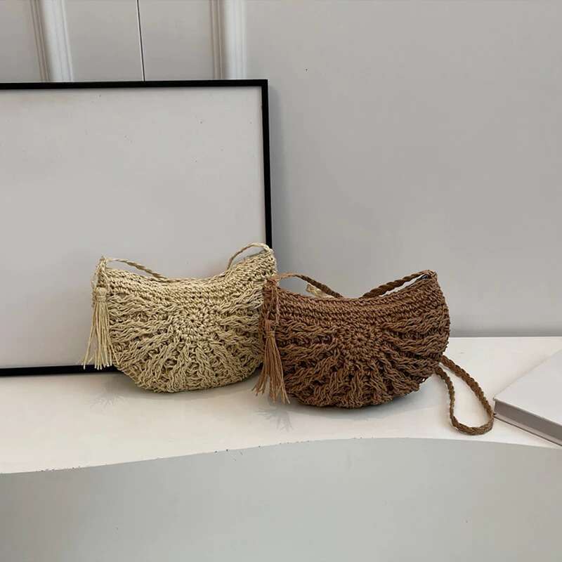 Half Round Straw For Women Summer Beach Rattan Shoulder Bag Zipper Woven Crossbody Handbags Bohemia Vacation