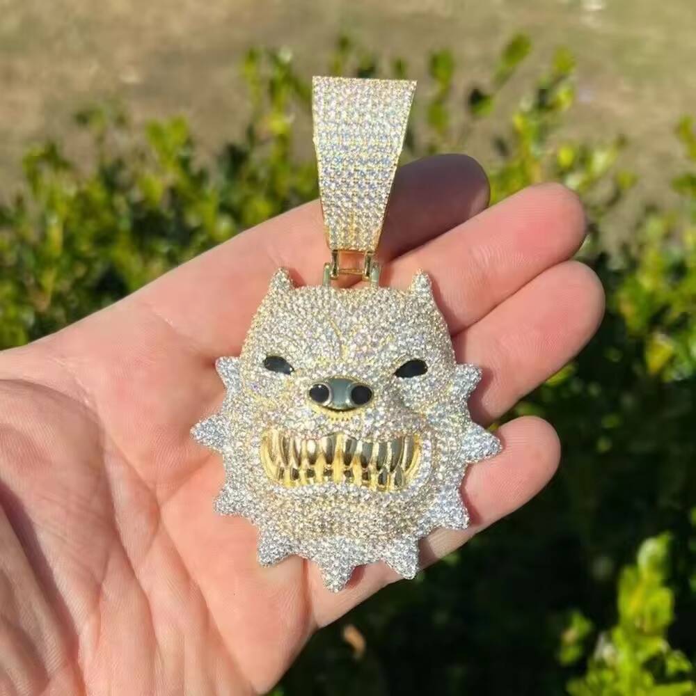 Iced Out VVS D Color Moissanite Diamond 18K Gold Plated 925 Sterling Silver Angry Pitbull Dog Pendant Necklace Men