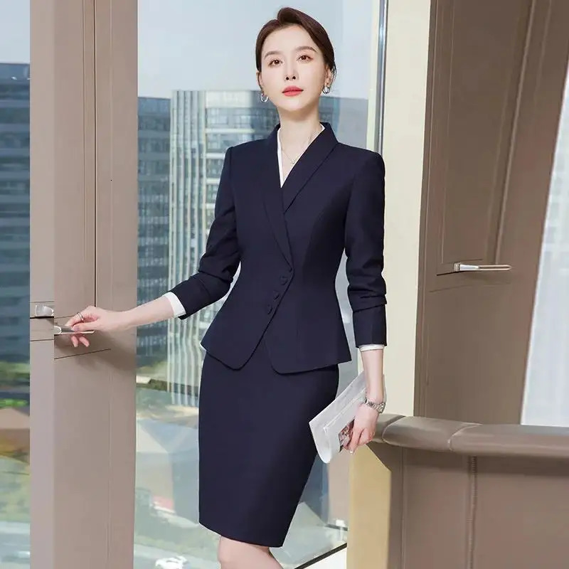 Almond Blue Womens Formal Pants Set Jacket and Trouser Work Clothes Autumn Winter 2piece 250530