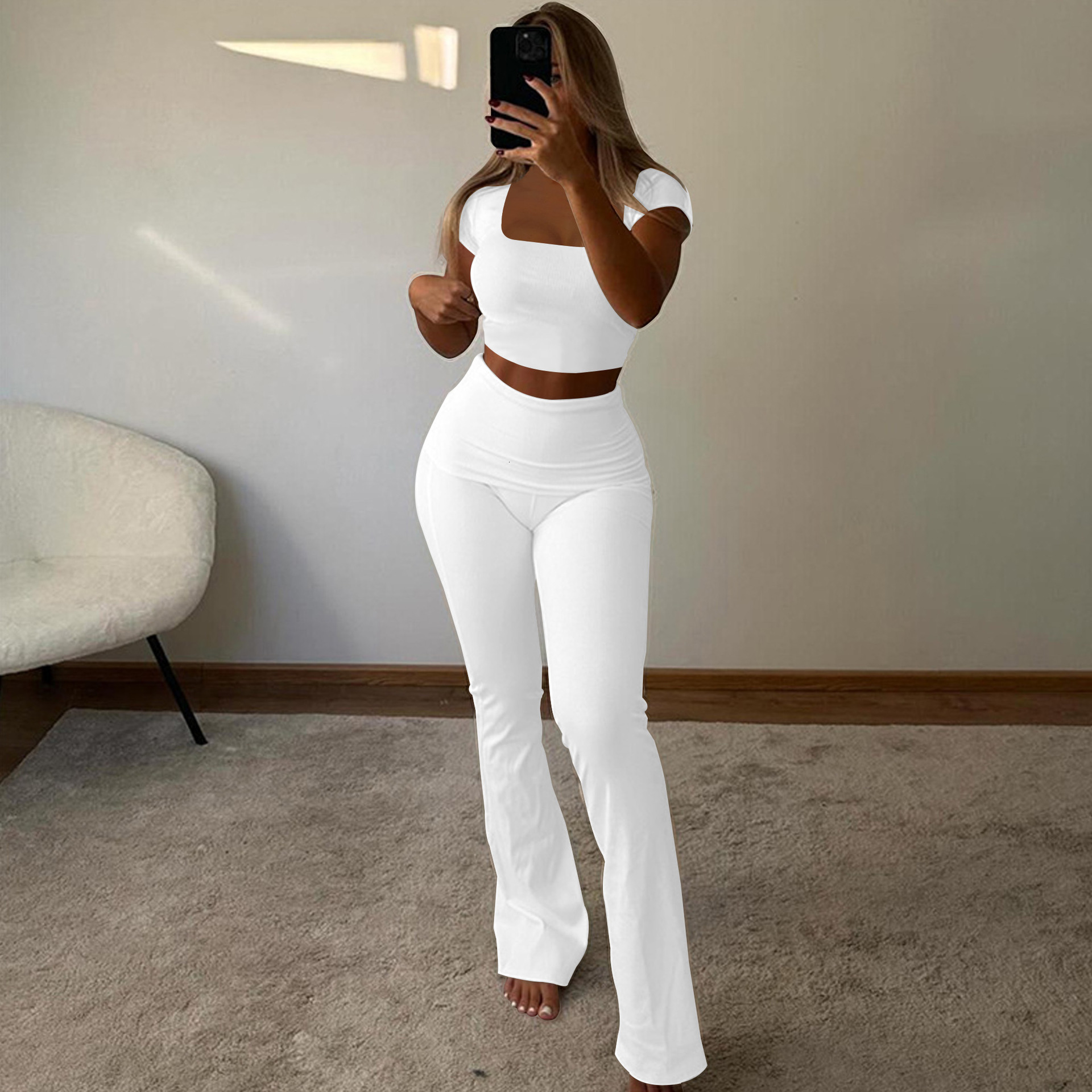 Womens Tracksuits Two Pieces Set 2025 Summer New Pit Stripe U Neck Short Sleeve Flipped Pants 5 Colors
