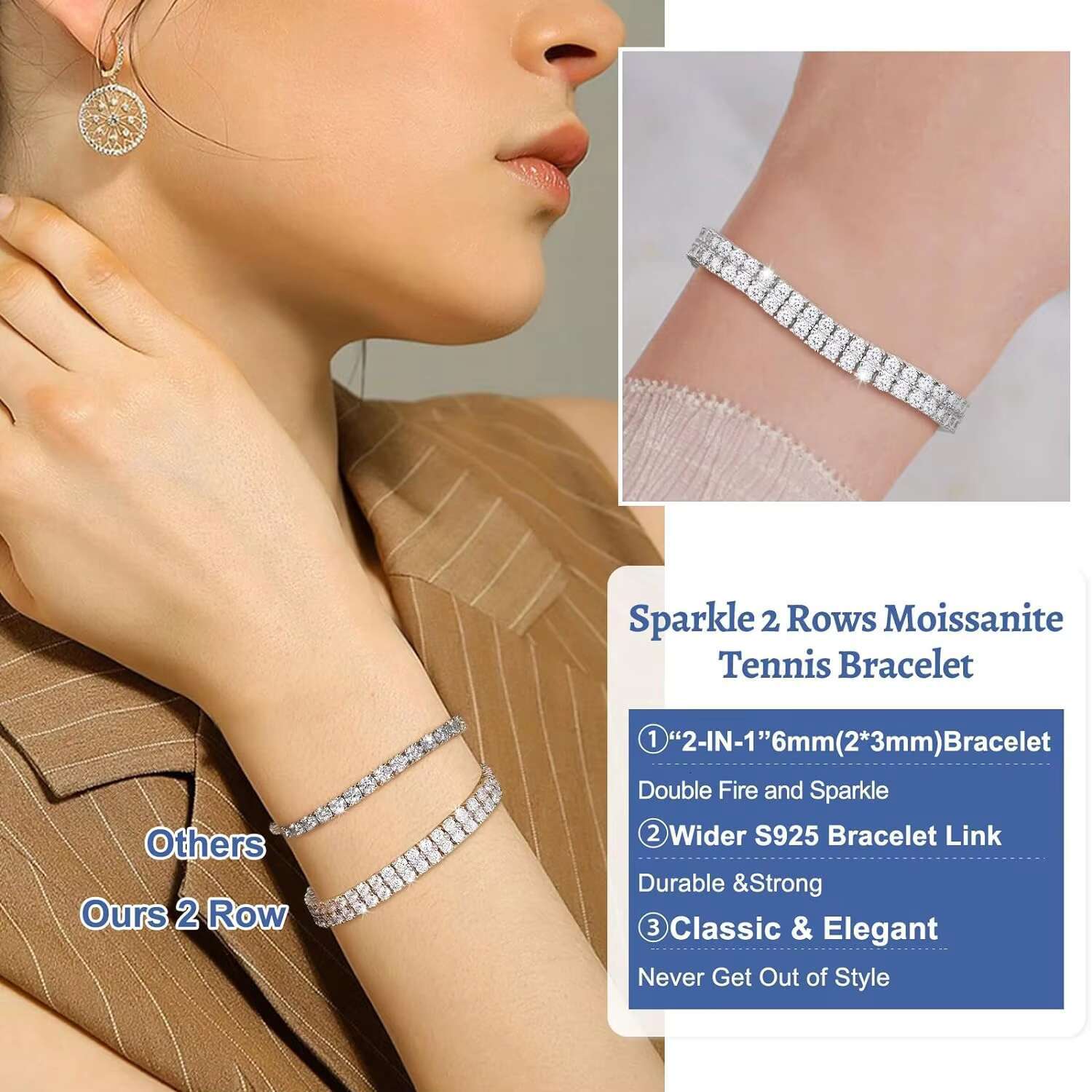 10mm Hiphop Double Rows Moissanite Bracelets Lab Grown Diamond Tennis Bracelet 925 Sterling Silver Moissanite Tennis Bracelet