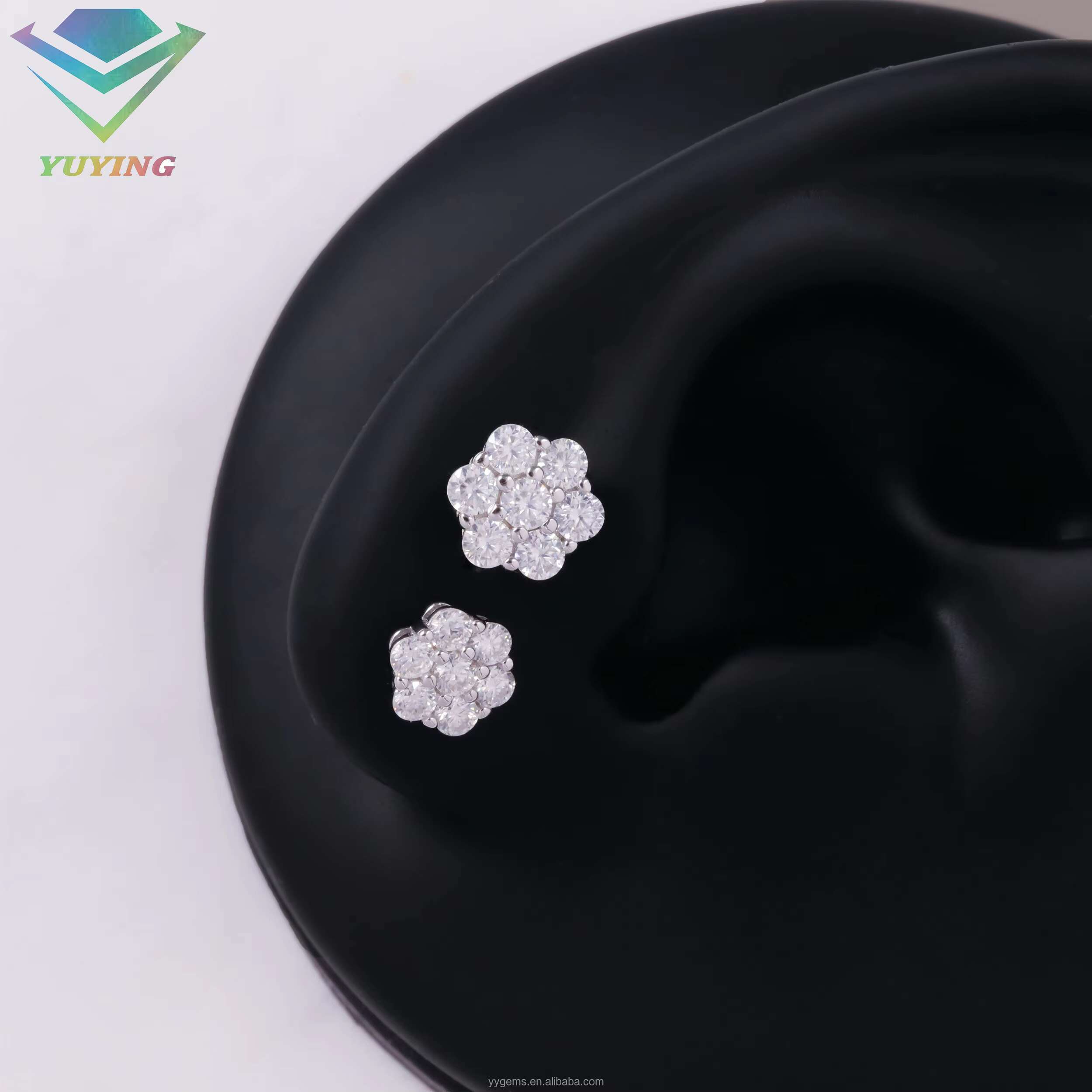 Yu Ying Flower Shape Vvs Moissanite Diamond 925 Silver 7-10mm Wide Earrings for Women Fine Jewelry