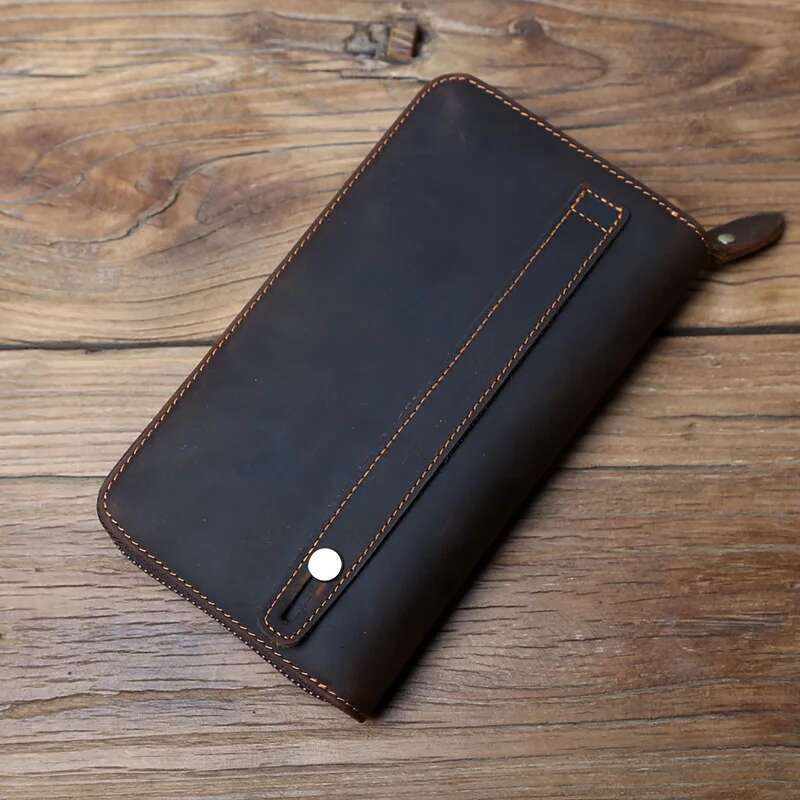 NZPJ Vintage Men Long Crazy Horse Leather Mobile Natural Cowhide Clutch Multi Functional Wallet Card Bag