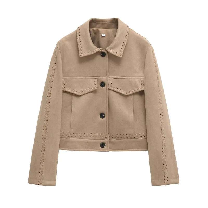ETJ 2025 TRAF Spring New Women's Fashion Handwoven with detail suede texture Effect lapel short jacket