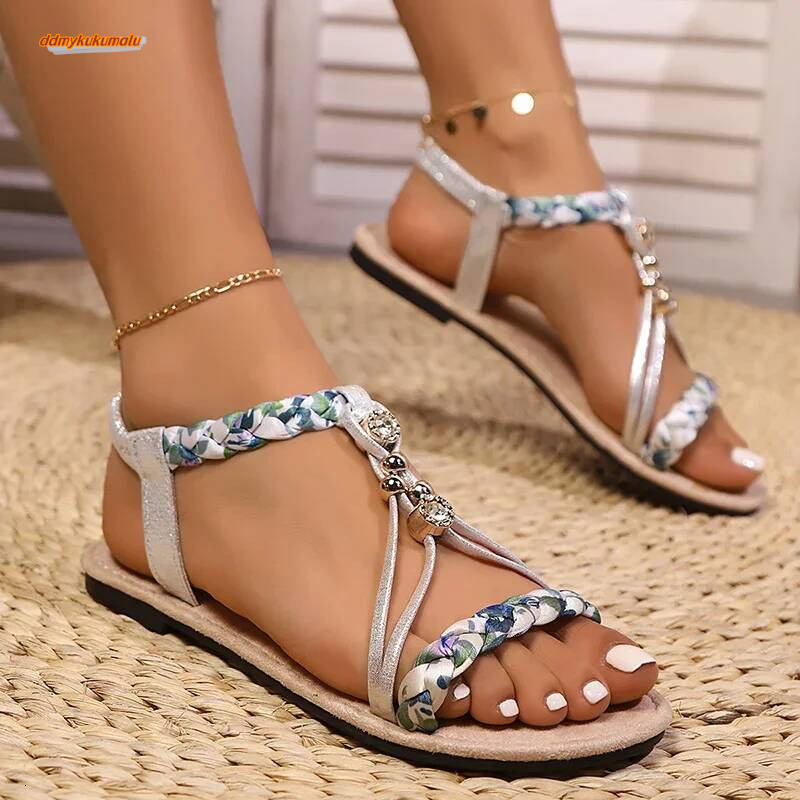 2025 Summer Beach Bohemian Sandals Women Plus Size 35-43 Flat Heels Rome Shoes Woman Slip On Elastic Band Sandalias Mujer Slides ddmykukumalu