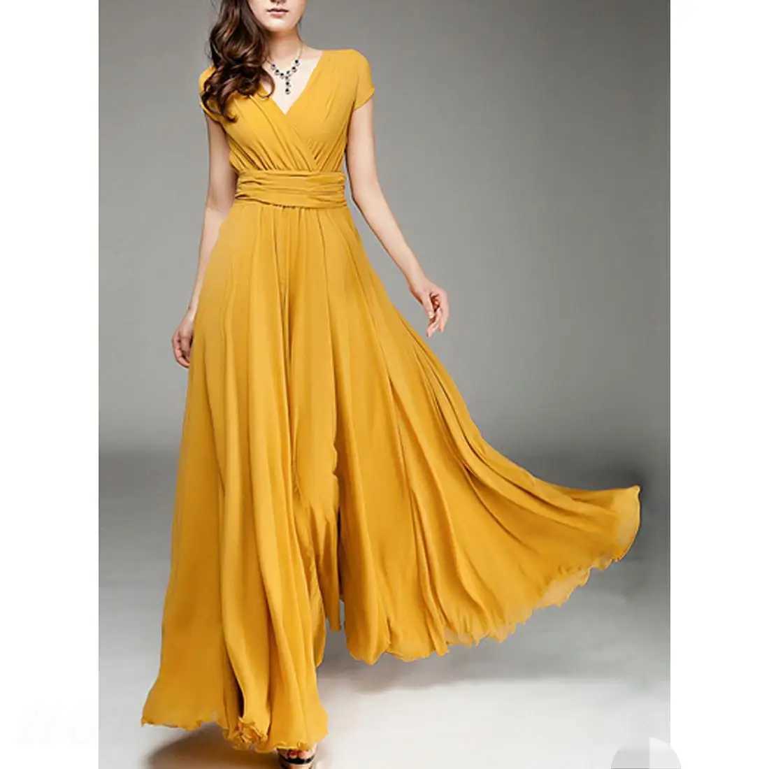 Womens Fashion V-neck Short sleeved Evening Dress Temperature Solid Color Long Cocktail Chiffon High Waist Summer Dress W250430