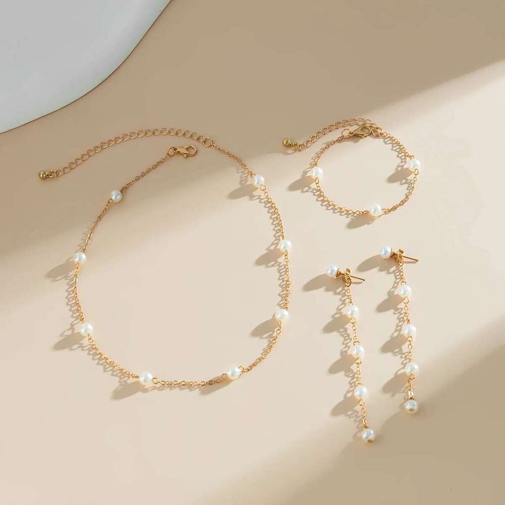 Korean Fashion Imitation Pearl Chain Necklace Bracelet Drop Earrings For Women Girls Sweet Piercing Earring Wedding Jewelry Set