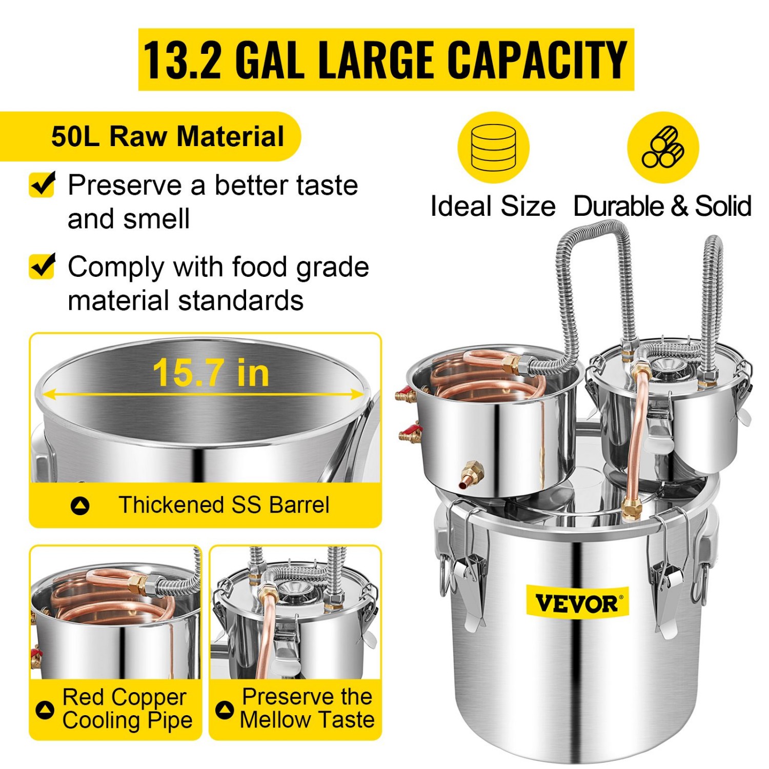 VEVOR Alcohol Still, 13.2Gal / 50L Stainless Steel Water Alcohol Distiller Copper Tube Home Brewing Kit Build-in Thermometer for DIY Whisky Wine Brand