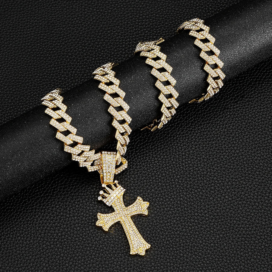 Iced Out Big Cuban Chain With Hip Hop Alloy And Full Bling Rhinestone Crown Cross Pendant Choker Necklace 250428