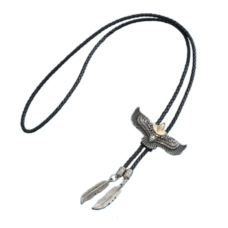 Mens Women American Bolo Tie Western Cowboy Leather Rope Necktie Metal Flying Eagle Feathered Pendant Western Necklace 250430