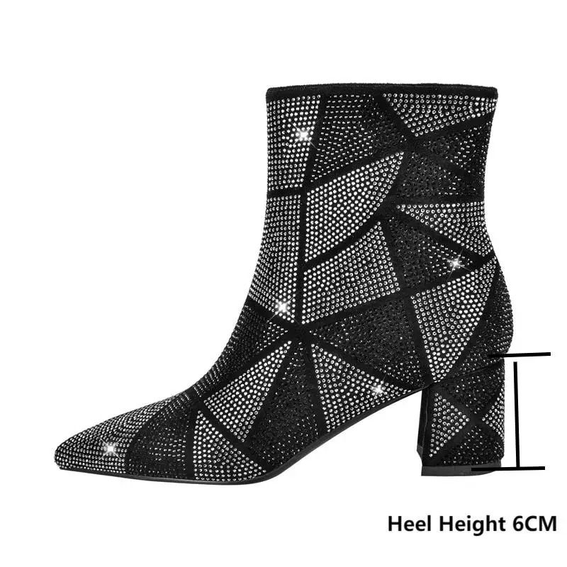 Onlymaker Women Rhinestone Ankle Boots Pointed Toe Black Block Heel Pull-On Glitter Handmade Female Boots 250428