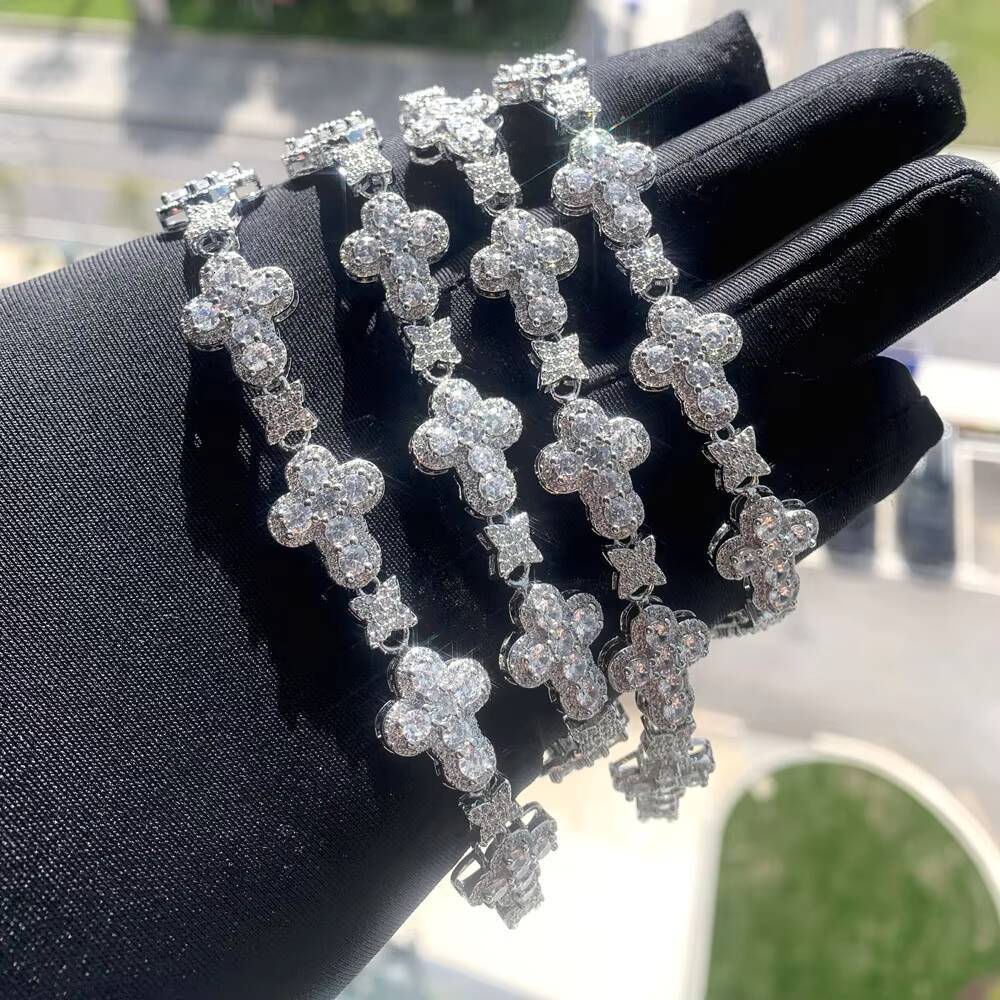 2024 New Arrival Silver Plated Iced Out Bling Fashion Jewelry for Hip Hop Men Women Choker Cross Leaf Tennis Chain Necklace
