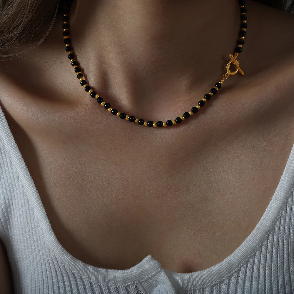 Black agate necklace womens round bead chain Gothic accessories Ot buckle gold-plated jewelry couple gift 250428