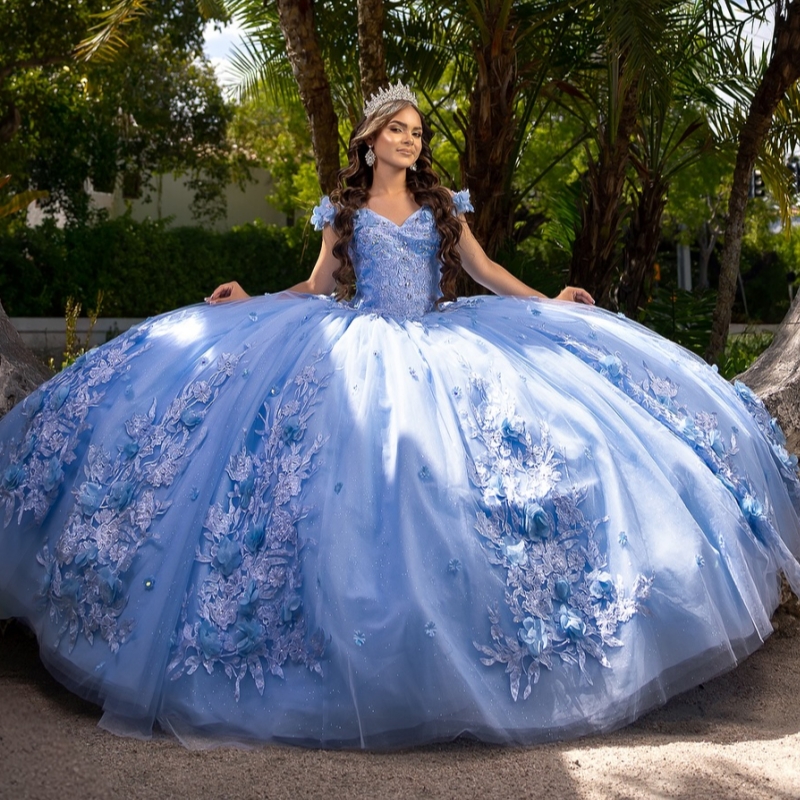 Sky Blue Quinceanera Dresses Off Shoulder Ball Gown Sweet 16 Dress Applique Flower Beads Tull Birthday Party Vestidos 15 Anos