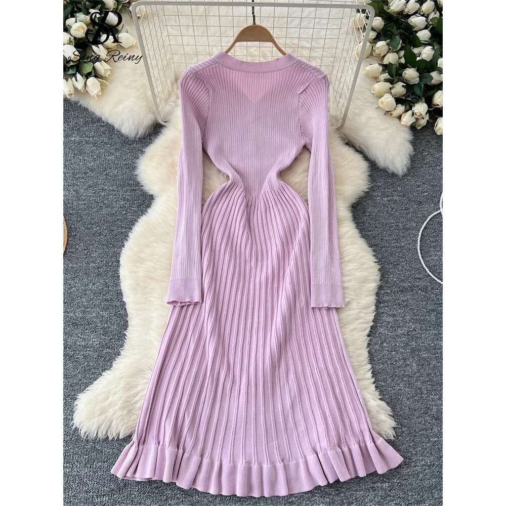 SINGREINY Autumn Knitting Sweater Ladies V-Neck Single Breasted Full Sleeve Soft Slim Senior Knitted Casual Long Dress