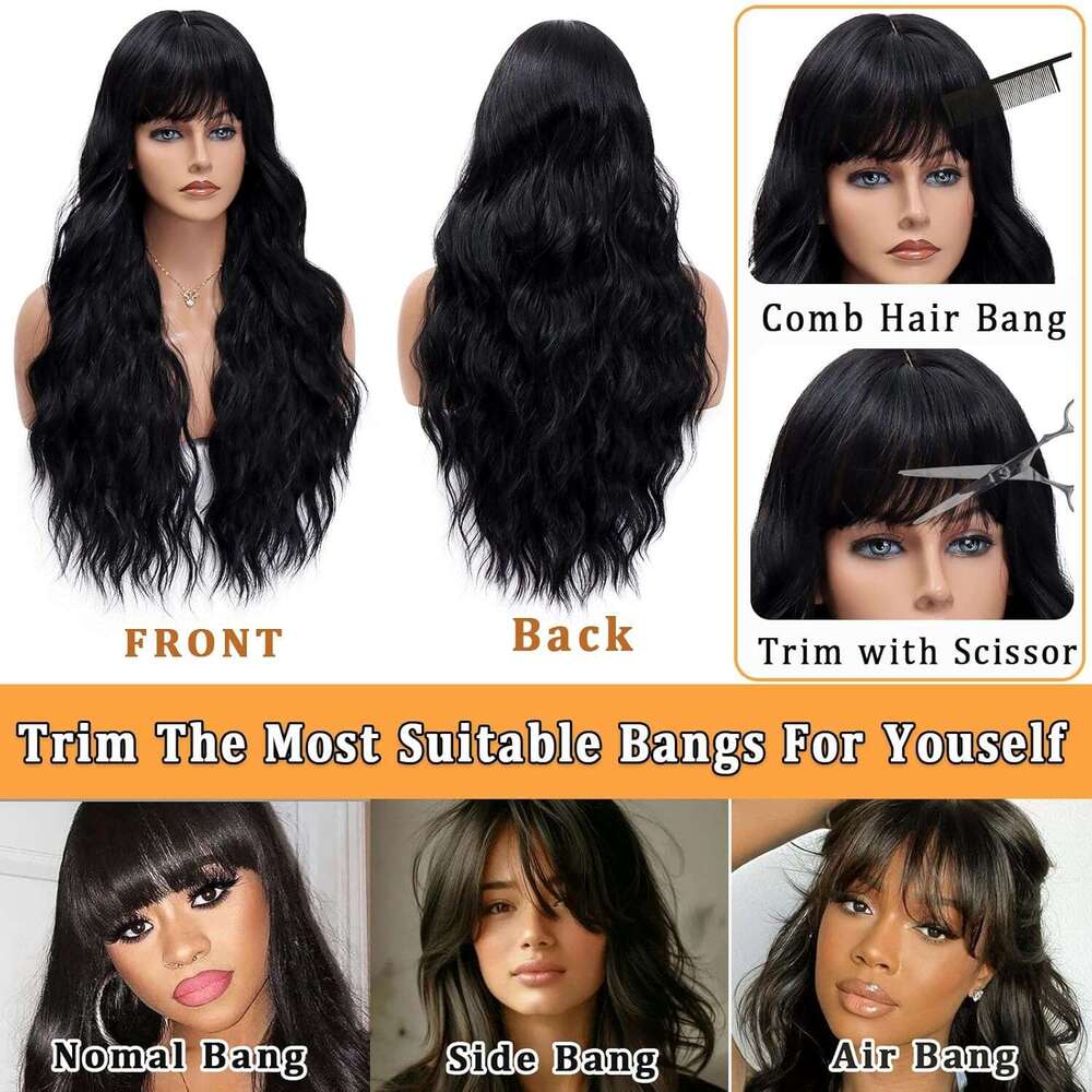 Vomella Black With Bangs 26 Inch Long Curly Wavy Wig Women Natural Looking Synthetic Heat Resistant Wigs for Daily Party Use