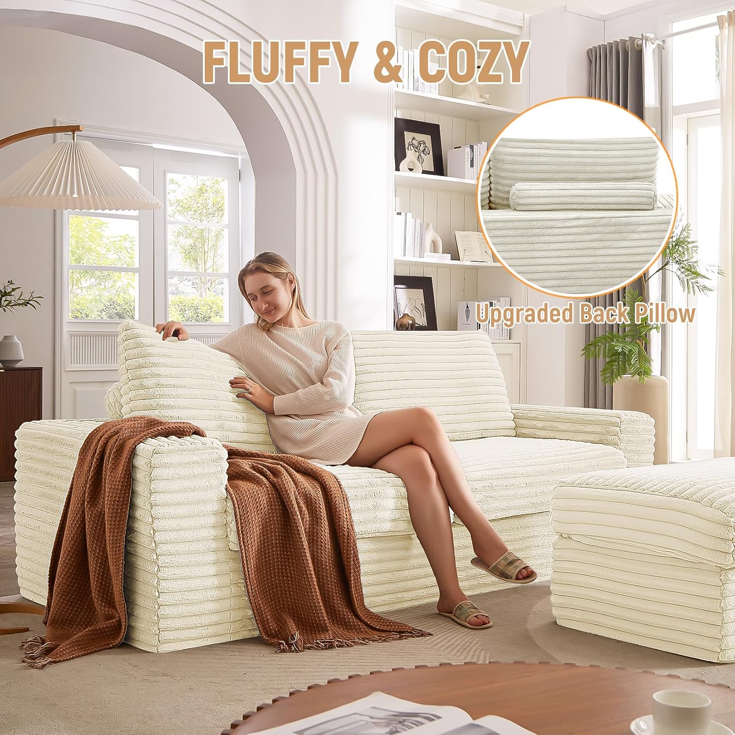 92'' Cloud Couch, Modular Sectional Sofa with Ottoman, Modern Convertible L Shaped Couches Upholstered Corduroy Boneless Couches for Living 