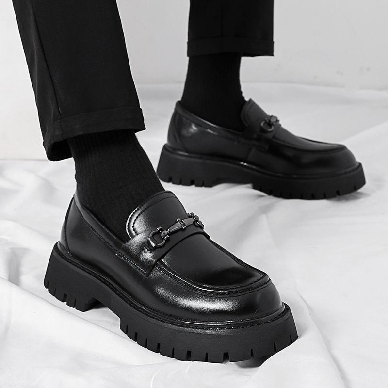 Black Loafers Men's Large Size Heightening Thick Sole Leather Shoes Casual Shoes