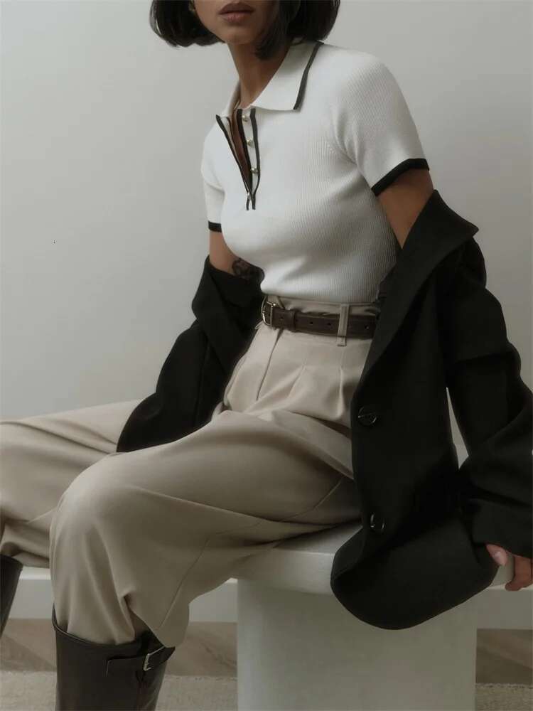 Knit Sweater Women Short Sleeve Patchwork Slim Lapel Elegant Contrast Knitwear Top Female Skinny Ribbed Pullover fashion clothing women