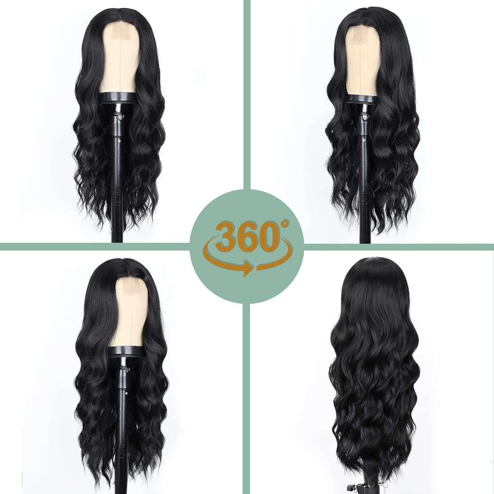 Long Wavy Wigs Women Curly with Middle Part Synthetic 26 Inch Natural Looking Black Wig for Daily Party Use
