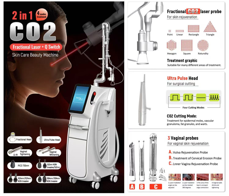 2 In 1 Co2 Fractional Skin Resurfacing Nd Yag Laser Pico-laser Picosecond Laser Tattoo Removal Acne Scar Stretch Marks Removal Smooth Scars Freckle Re